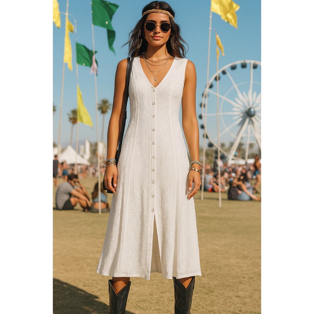 Sezane Vintage M Embroidered Button Front Midi Dress Rayon Cottagecore White - Picture 7 of 8